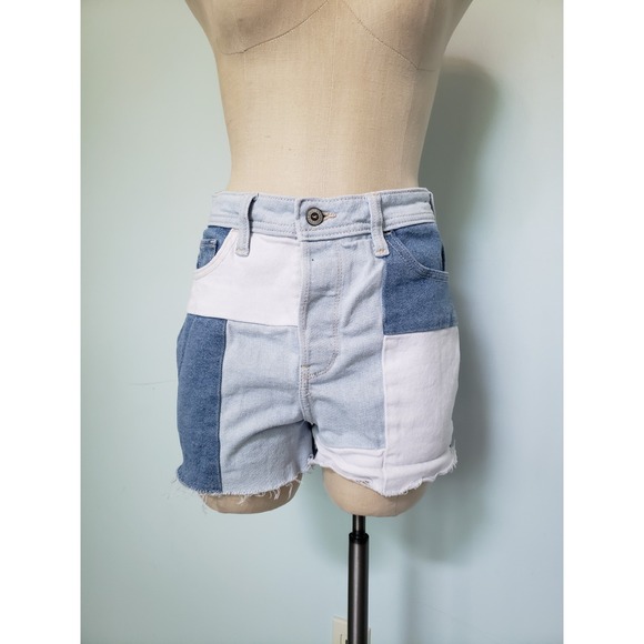Hollister Pants - Hollister Womens 5 27 Jean Mom Shorts Lgt Blue Patchwork Denim Ultra High Rise